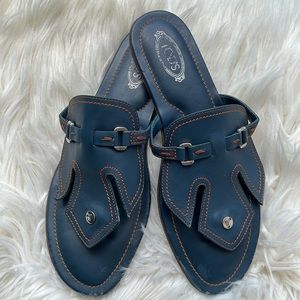 Tod’s Navy Blue Leather Gladiator Flat Sandals